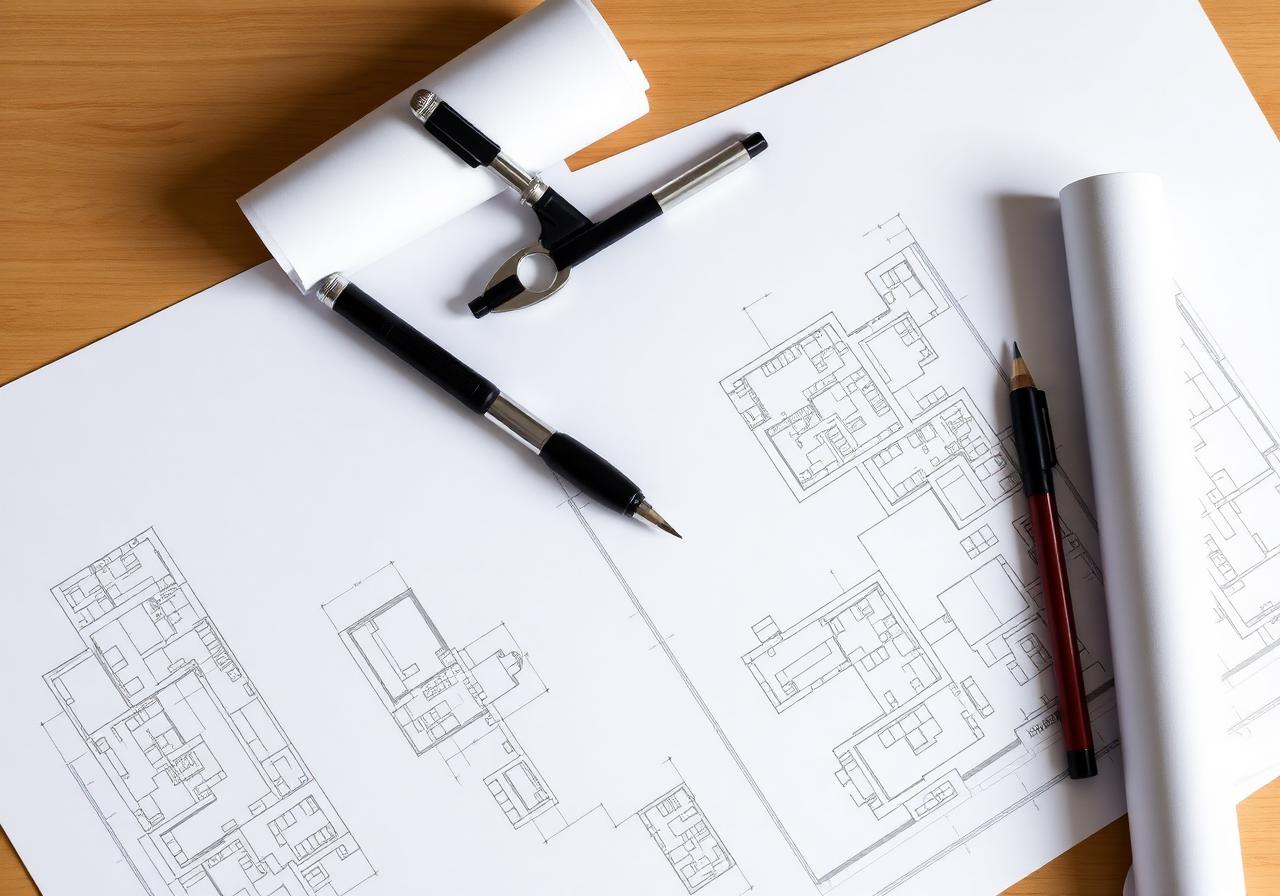 Architectural blueprints with drafting tools